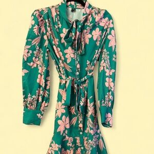 SHEIN Green and Pink Floral Long Sleeve Dress